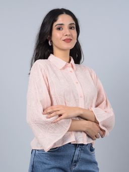 CRIMSOUNE CLUB - Women Peach Embroidered 100% Cotton Shirt