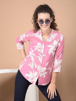 CRIMSOUNE CLUB - Women Pink Floral Print Cotton V-Neck Shirt