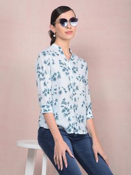 CRIMSOUNE CLUB - Women Blue Floral Print V-Neck Shirt