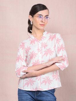 CRIMSOUNE CLUB - Women Peach Floral Print V-Neck Linen Shirt