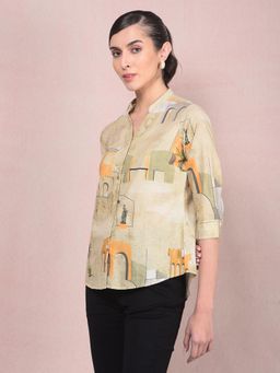 CRIMSOUNE CLUB - Women Green Printed V-Neck Linen Shirt