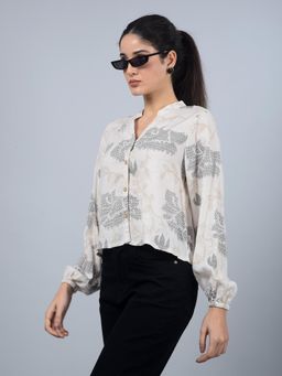 CRIMSOUNE CLUB - Women Beige Floral Print Mandarin Neck Crop Linen Shirt