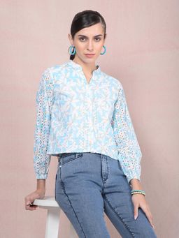 CRIMSOUNE CLUB - Women Blue Embroidered V-Neck Cotton Semi-Sheer Shirt