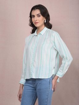 CRIMSOUNE CLUB - Women Blue Vertical Stripes Linen Shirt