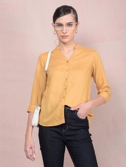 CRIMSOUNE CLUB - Women Mustard V-Neck Linen Shirt