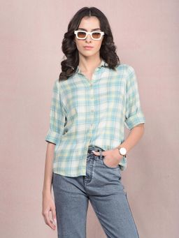 CRIMSOUNE CLUB - Women Green Checked Linen Shirt