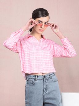 CRIMSOUNE CLUB - Women Pink Checked Crop Shirt