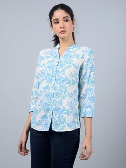 CRIMSOUNE CLUB - Women Blue Floral Print V-Neck Linen Shirt