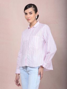 CRIMSOUNE CLUB - Women Pink Vertical Stripes Linen Shirt
