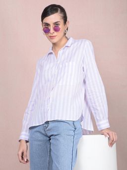 CRIMSOUNE CLUB - Women Purple Vertical Stripes Linen Shirt