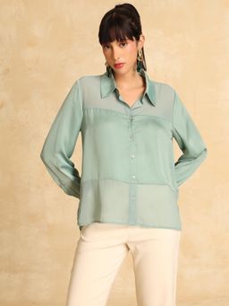 Kazo - Women Mauritz Green Solid Collar Neck Polyester Shirt