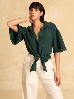 Kazo - Women Daffodil Green Solid Collar Neck Polyester Shirt