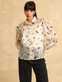 Kazo - Women Sepia Beige Textured Collar Neck Polyester Shirt