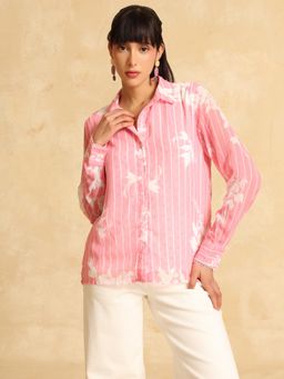 Kazo - Women Blossom Pink Printed Collar Neck Polyester Shirt