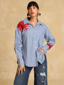Kazo - Women Cosmos Blue Embroidered Collar Neck Polyester Shirt
