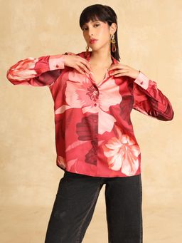Kazo - Women Rosario Red Printed Collar Neck Satin Shirt