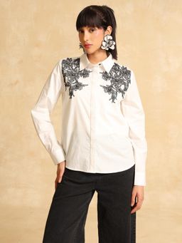 Kazo - Women Castor White Collar Neck Cotton Shirt