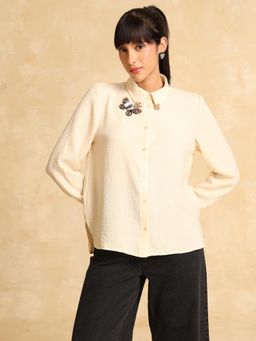 Kazo - Women Buttercup Beige Embellished Collar Neck Polyester Shirt