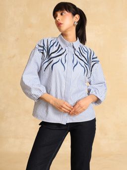 Kazo - Women Yuki Blue Embroidered Collar Neck Polyester Shirt