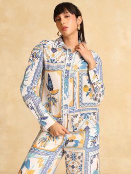 Kazo - Women Dolce Blue Printed Collar Neck Polyester Shirt