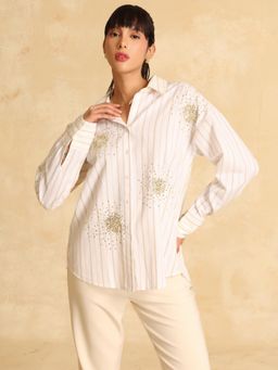 Kazo - Women Sniggy Cream Embellished Collar Neck Polyester Shirt