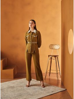 Label Deepika Nagpal - Olive Colour Blocked Shirt And Flared Pants With Belt (Set of 3)