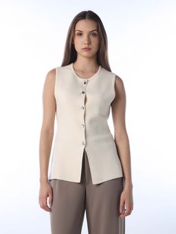 ONLY - Women's Solid Regular Fit Cream Waistcoat