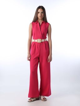 ONLY - Women's Solid Regular Fit Pink Jumpsuit with Belt