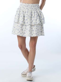 ONLY - Women's Floral Print Flared Fit High-Rise White Skirt