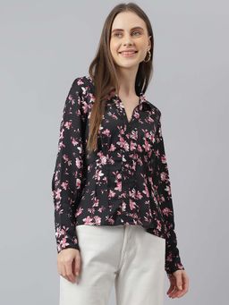 Latin Quarters - Women Black Floral Printed Full Sleeve Casual Shirt