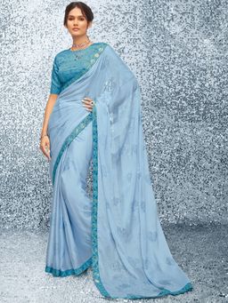 Akhilam - Womens Satin Turquoise Embellished Designer Saree with Unstitched Blouse