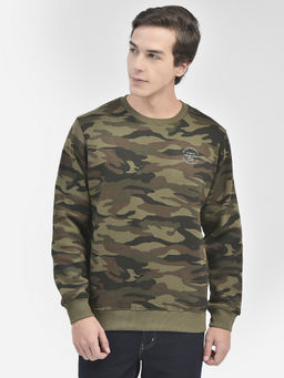 CRIMSOUNE CLUB - Men Olive Camouflage Round Neck Sweatshirt