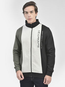 CRIMSOUNE CLUB - Men Olive Colorblocked Front Open Sweatshirt