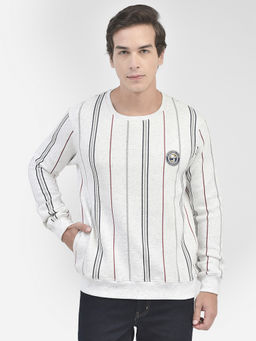 CRIMSOUNE CLUB - Men White Striped Round Neck Sweatshirt