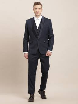 Turtle - Men Blue Poly Viscose Checkered Formal Suit Blazer with Trouser and Waistcoat (Set of 3)
