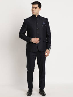 Turtle - Men Poly Viscose Regular Fit Black Bandhgala Suit Blazer with Trouser (Set of 2)