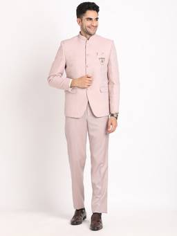 Turtle - Men Terry Rayon Jacquard Light Pink Bandhgala Suit Blazer with Trouser (Set of 2)