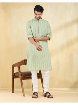 Fabindia - Green Cotton Striped Slim Fit Long Kurta
