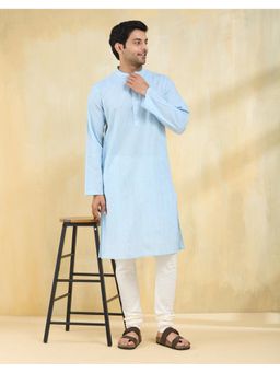 Fabindia - Blue Cotton Blend Dobby Slim Fit Long Kurta