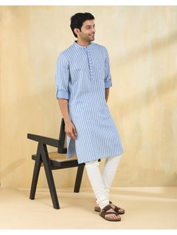 Fabindia - Blue Cotton Dobby Slim Fit Long Kurta