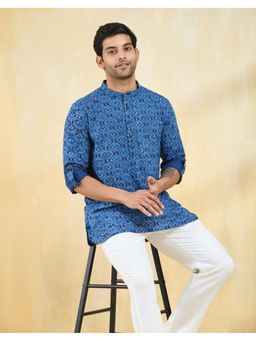 Fabindia - Indigo Cotton Dabu Printed Slim Fit Short Kurta