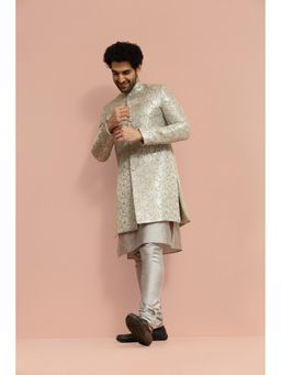 KISAH - Men Grey Jacquard Kurta Indowestern Sherwani Churidar (Set of 3)