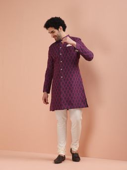 KISAH - Men Magenta Jacquard Indowestern Sherwani and Churidar (Set of 2)