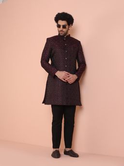 KISAH - Men Burgundy Woven Design Indowestern Sherwani and Trouser (Set of 2)