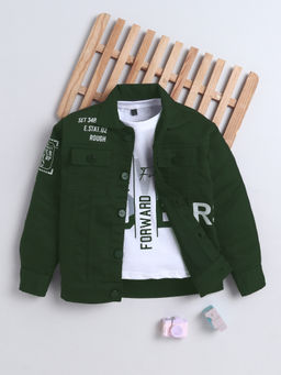 Mini Stitch - Boys Denim Full Sleeves Printed Jacket with T-shirt- Bottlegreen