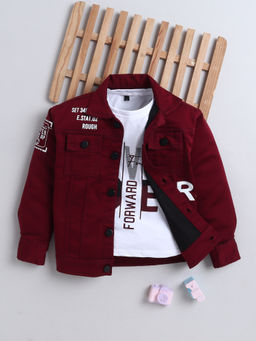 Mini Stitch - Boys Denim Full Sleeves Printed Jacket with T-shirt- Maroon