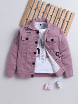 Mini Stitch - Boys Denim Full Sleeves Printed Jacket with T-shirt- Mauve