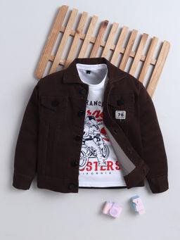 Mini Stitch - Boys Denim Full Sleeves Jacket with T-shirt- Brown