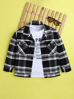 Mini Stitch - Boys Cotton Full Sleeves Plaid Shacket with Printed T-shirt- Black