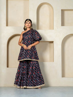 Yuvrani Jaipur - Black Kota Doriya One Shoulder Sharara with Kurta (Set of 2)